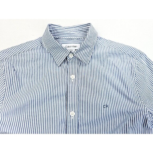 Calvin Klein XS Men's Blue White Stripe Embroidered Chest Logo Long Sleeve Shirt - Picture 1 of 12